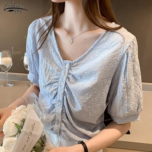 New Pleated Short Sleeve Summer Chiffon Shirt Top Loose Women Shirts Blouses V-neck Office Casual White Blouse Femme Blusas12969