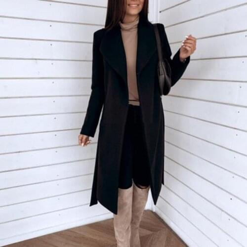 Women Oversize Coat Solid Color Belt Autumn Winter Large Lapel Waist Tied Long Coat for Office winter jacket women