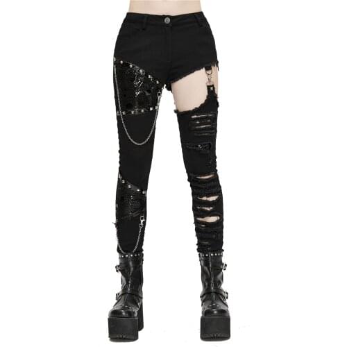 Punk Fashion Hole Jeans Ankle Fashion Pants Trouser Skinny Jeans Women Pants With Metal Chains