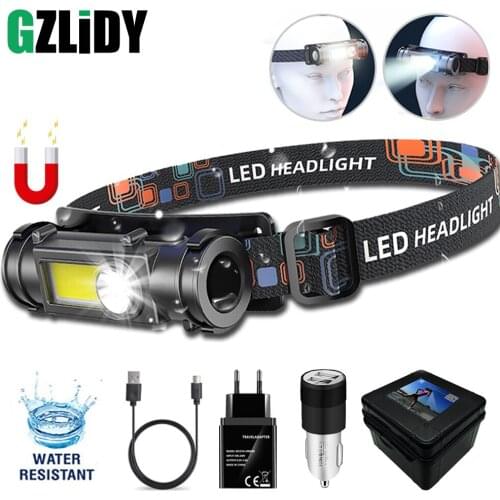 Portable LED Headlamp Waterproof COB Lantern Head Lamp USB Rechargeable 18650 Headlight Work Light with Magnet Fishing Torch
