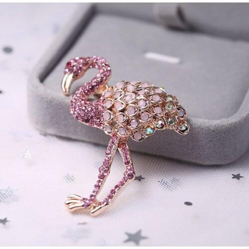 Luxury Flamingo Brooches For Women Party Wedding Jewelry Pink Crystal Paved Rose Gold Metal Large Animal Bird Brooch