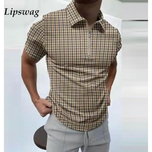 Business Casual Men Short Sleeve Polo Shirts Plaid Printed Fashion Loose Pullovers Summer Mens Zipper Lapel Polo Shirt Plus Size