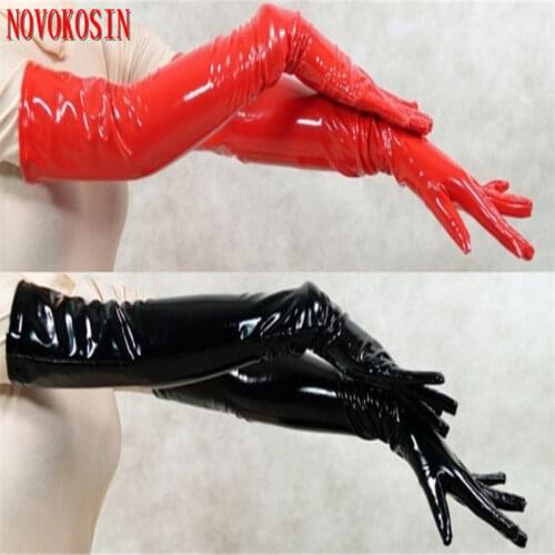 KH48 2018 Sexy Women PVC Long Gloves To Opera Black Red Faux Leather Punk Street Dance Fashion Gloves Cosplay Costume Accessory