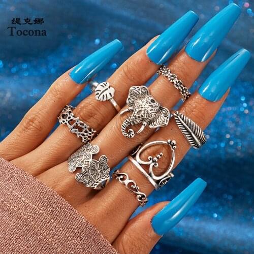 Tocona 8pcs/sets Ancient Silver Color Elephant Joint Ring Sets for Women Hollow Heart Geometric Leaf Flowers Boho Jewelry 16912
