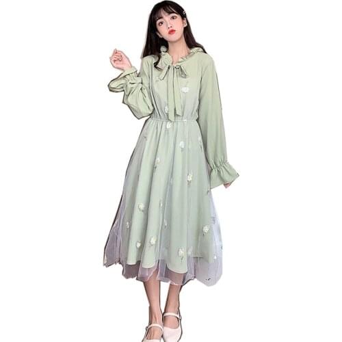 Spring and Autumn New student tender Sweet Mori Dress Series Thin Puff sleeve Bow collar Fairy Dress Soft Girl 2021White Dress