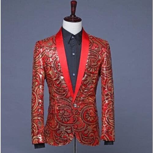 Shiny Red Floral Pattern Sequins Blazer Men Wedding Groom Singer Suit Jacket Male DJ Club Stage Prom Veste de Costume Paillettes
