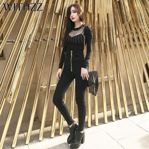 WITHZZ Black Zipper High Waist Jeans Womens Trousers Autumn Winter Pencil Pants Jeans