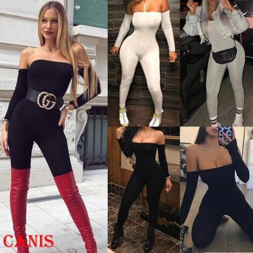 Women Fashion Sexy Off Shoulder Long Sleeve Jumpsuits Ladies Casual Clubwear Autumn Bodycon Jumpsuit Romper Trousers Black Gray