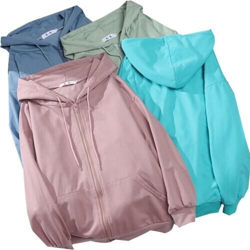 ZuoLunOuBa Spring Autumn Women Thin section Coat Loose Pure Color Sweatshirt Zipper pocket Hooded Cotton pullover