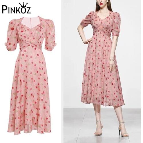 Pinkoz sweet fairy midi dress pink floral printed midi high waist heart love collar puff sleeve flower appliques lady dresses