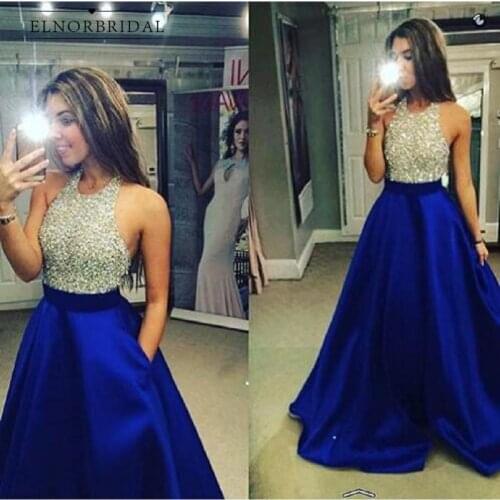 Roayl Blue Beading Crystal Prom Dresses 2021 vestido de fiesta Open Back Formal Party Dress A Line Special Occasion Evening Gown