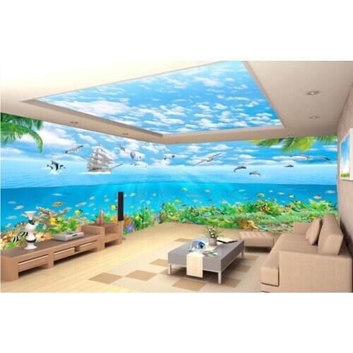 Custom photo mural 3d wallpaper Sea World Dolphin Sailing Blue Sky full house background 3d wall murals wallpaper for wall 3 d