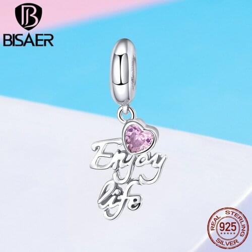 BISAER Real 925 Sterling Silver Enjoy Life Heart Letter Love Charms Beads fit Women Bracelet Beads for Jewelry Making ECC907