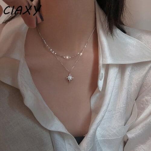 CIAXY 925 Sterling Silver Stars and Moon Inlaid Zircon Necklace Women Double-layer Clavicle Chain Choker Necklace Luxury Jewelry