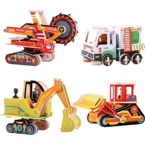 4Pcs/set 3D Wooden DIY Puzzle Engineering Vehicle Model Kit Assembly Woodcrafts for Home Decor for Over 6