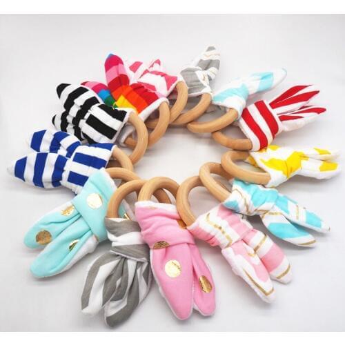 Chenkai 2PCS Wooden Cotton Teether Ring Nature DIY Handmade Infant Baby Pacifier Dummy Nursing Grasping Bunny Ear Rattle Toy