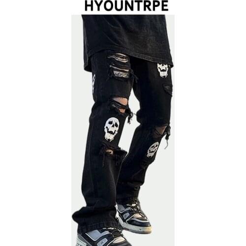 Fashion Skull Printed Denim Jeans Mens Destoryed Holes Zipper Flare Jeans Hip Hop Streetwear Summer Casual Joggers Jeans Pants