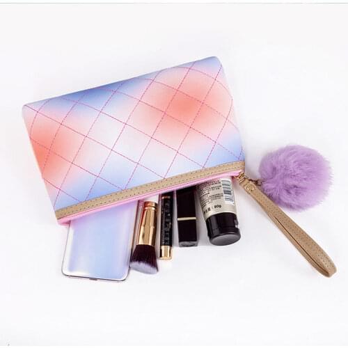 Cosmetic Bag Rhombic Pattern Fuzzy Ball Multifunctional Makeup Necessaries Toiletry Kit Pouch -MX8