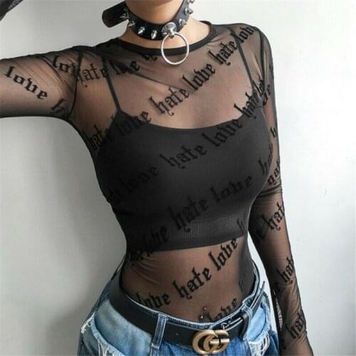 Summer Women Letter Print Mesh T-Shirts Fashion Tops See-Through Perspective Long Sleeve Black Tee Shirt Club 2020 Newest