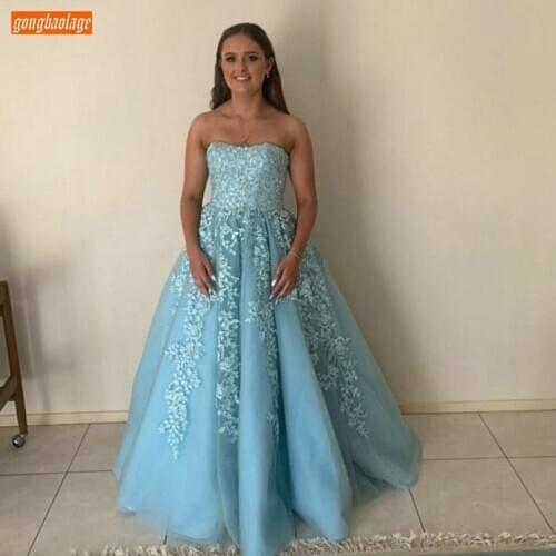 Fashion Boho Blue Evening Gowns Long Strapless Appliqued Lace Up Tulle A Line Formal Dress Customized Banquet Evening Dresses