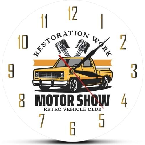 Car Wall Art Custom Garage Tools Wall Clock Restoration Work Yellow Automobile Motor Show Retro Vehicle Club Modern Wall Watch