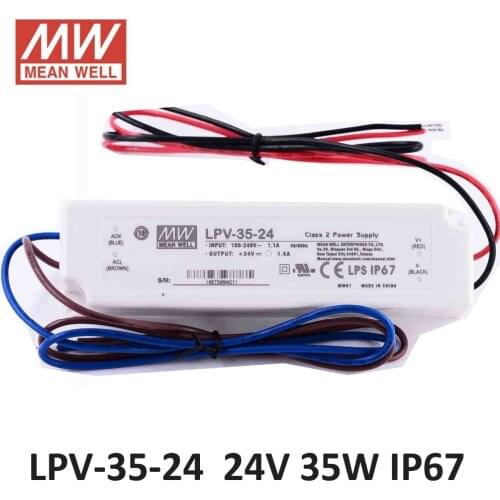Original MEAN WELL LPV-35-24 36W 1.5A 24V LED Power Supply Waterproof Isolated Plastic IP67 90~264VAC Input Driver UL CE