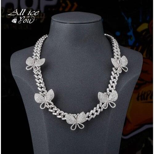 ALLICEONYOU 12mm Butterfly Cubic Chain Choker Necklace Iced Out Cubic Zirconia Bling Hip Hop Charm Jewelry For Women Gif