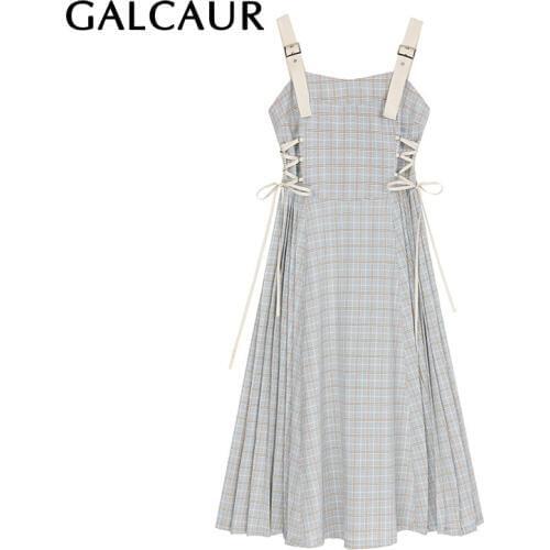 GALCAUR Drawstring Lace Up Bowknot Dress Women Square Collar Sling Sleeveless High Waist Midi Dresses Female 2020 Fashion New