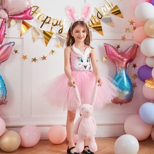 Easter Bunny TUTU Dress With Big Ear Headband Fluffy Girls Halloween Costume Dresses Kids Disguise Clothing For Show Vestidos