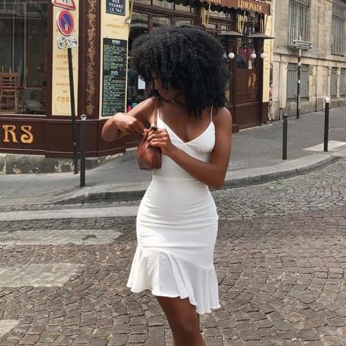 Summer Spaghetti Straps Ruffles White Dress 2021 Elegant V-neck Sleeveless Split Mini Dresses For Women Holiday Party Dress