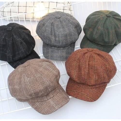 Retro Art Octagonal Hat for Women Autumn Winter Casual Plaid Artist British Style Berets Woolen Woman Hats