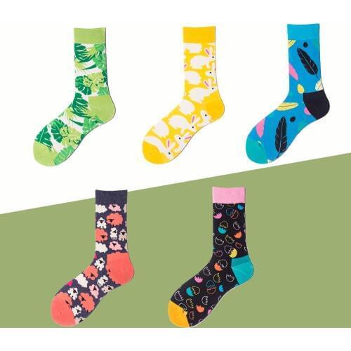 SGEDONE Men and Women Cotton Happy Socks Cartoon Rabbit and Leaves Funny Crew Street Long Happy Socks For Couple
