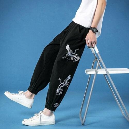 Men Harajuku Harem Pants Chinese Retro Fashion Crane Embroidery Casual Trousers Bloomers Outdoor Sports Bottoms Streetwear 30508