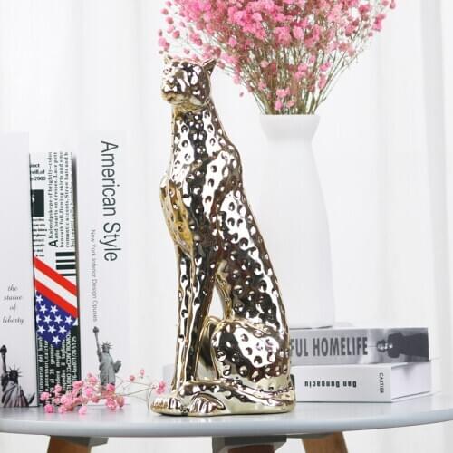 33CM MODERN GEOMETRIC CERAMICS LEOPARD STATUE ABSTRACT LUCKY GOLD PANTHER SCULPTURE WILDLIFE DECOR GIFT CRAFT ORNAMENT R4309