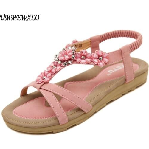 UMMEWALO Sandals Women Casual Thong Sandals Floral Rhinestone Designer Elastic Band Ladies Gladiator Sandal Shoes Zapatos Mujer