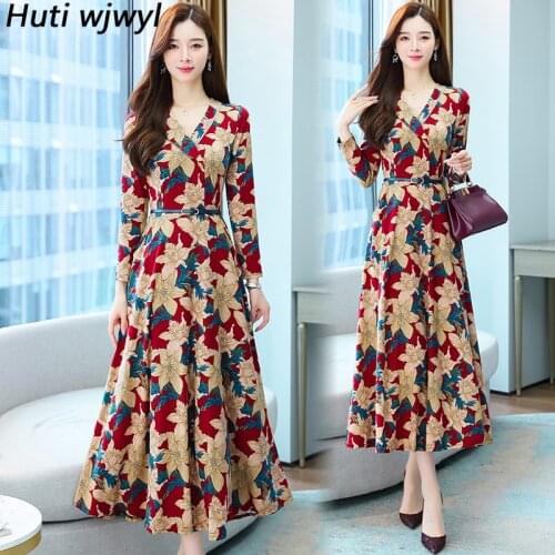 2021 Vintage Floral Print Midi Dress Autumn Winter 4XL Plus Size Long Sleeve Maxi Dress Elegant Women Bodycon Party Maxi Vestido
