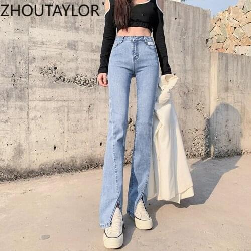 ZHOUTAYLOR Woman Jeans Full Length Fashion korean Flare Pants Femme Button Casual Loose Spring 2021 New Bottoms Female S0294