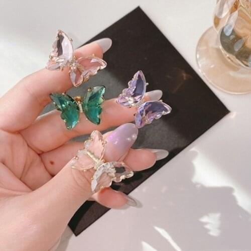 Fairy Transparent Glass Zircon Butterfly Rings for Women Girls Pink Green Purple Simulation Wing Open Charm Ring Luxury Jewelry