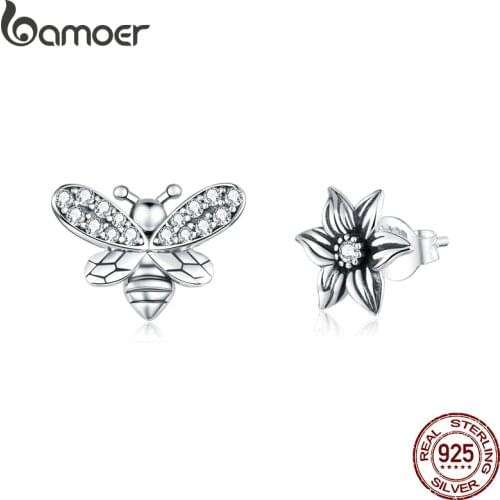Bamoer 925 Sterling Silver Stud Earrings for Women Bees and Retro Flower Ear Pins Female Anti-allergy Gifts for Girl SCE884