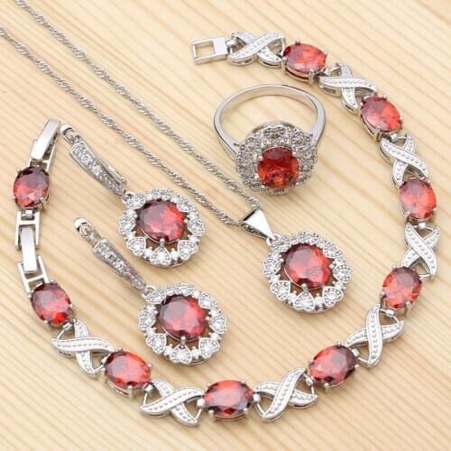 925 Silver Zirconia Jewelry Sets For Women Red Stones Ring Bracelet Pendant Earrings Necklace Set Silver Kits
