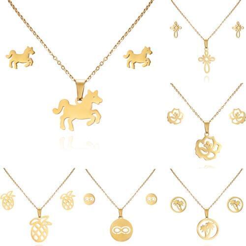 Animal Horse Pineapple Flower Stainless Steel Jewelry Sets for Women Round Necklace/Earrings Jewelry Sets