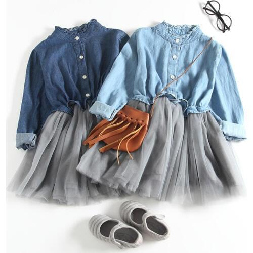 Oklady 2019 New arrival Kids Girls Lace Patchwork Mesh Princess Dress Blue Denim Long Sleeves Top Set Street Wear Casual Outfit