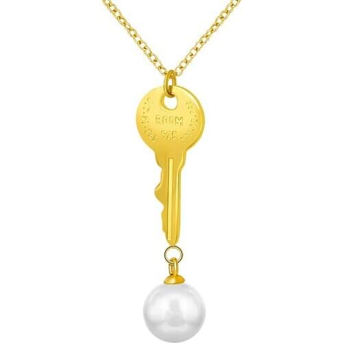 Unique Desgin Simulated Pearl Key Pendant & Necklace Stainless Steel Rose Gold Chain Choker Necklace For Women Fashion Jewelry
