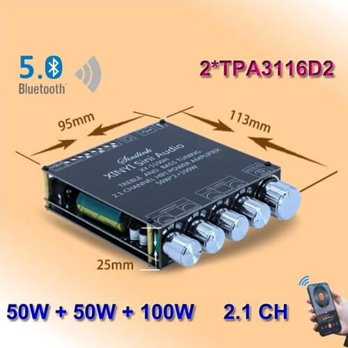 2*50W+100W Bluetooth 5.0 TPA3116D2 Power Subwoofer Amplifier Board 2.1 Channel Class D USB Music Audio Stereo Equalizer Amp APP