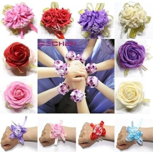 20pc Handcrafted Wrist Corsage Bracelet Artificial Silk Rose Flowers For Wedding Hand Flower Bouquet For Bride Event Supplies