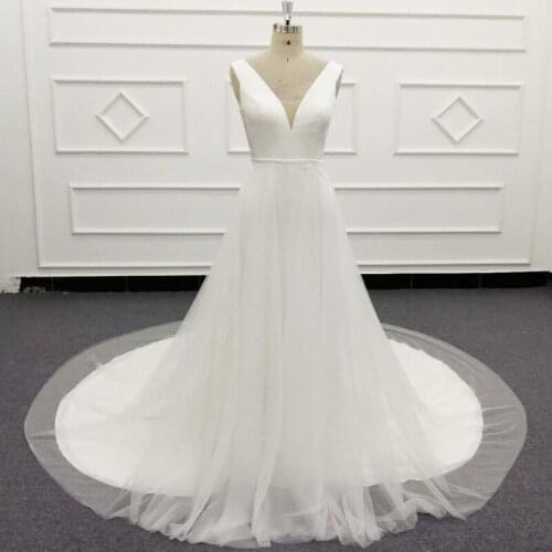 2021 Simple White Satin Wedding Dress Bridal Gown Plus Size Wedding Gowns Vestidos De Mariee Detachable Train Italy Satin HQ015