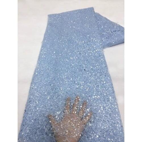5yards/pc) Newest bling bling tube beads and sequins embroidered tulle lace sky blue African French net lace for dress FZX129