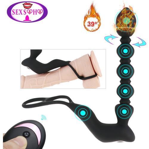 Anal Plug Vibrator in with Penis Ring and Ball Loop 9 Speed Dildo G-spot Vibrating Clitoris Anal Stimulator Sex Toys for Couples