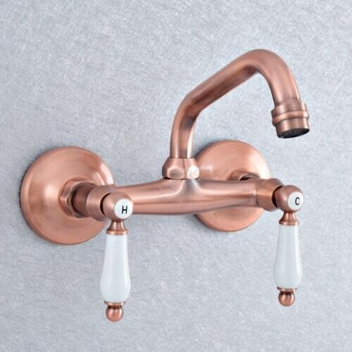 Antique Red Copper Wall Mounted Kitchen Sink Vessel Faucet Dual Ceramic Lever Swivel Spout Bathroom Basin Taps tsf898