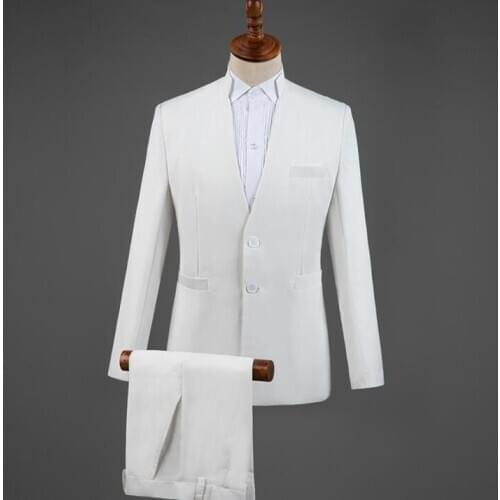 Blazer men groom suit set with pants mens Chinese tunic suit costume singer white stand collar stage clothing formal dress B382